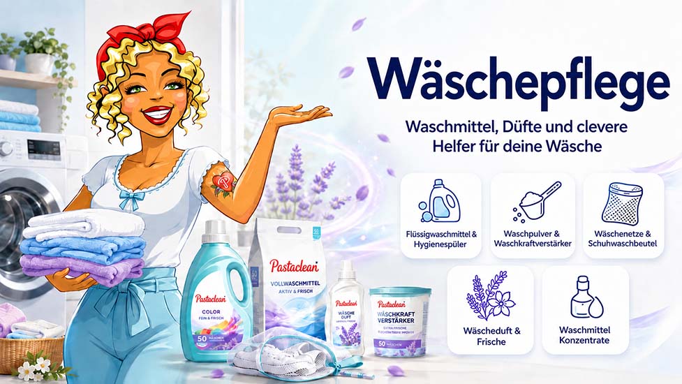Pastaclean Wäschepflege Waschmittel und Düfte für Farben, Feines, frischen Duft, inklusive Vollwaschmittel, Hygienespüler, Waschduft und Kraftverstärker für effektive und vielseitige Reinigung.